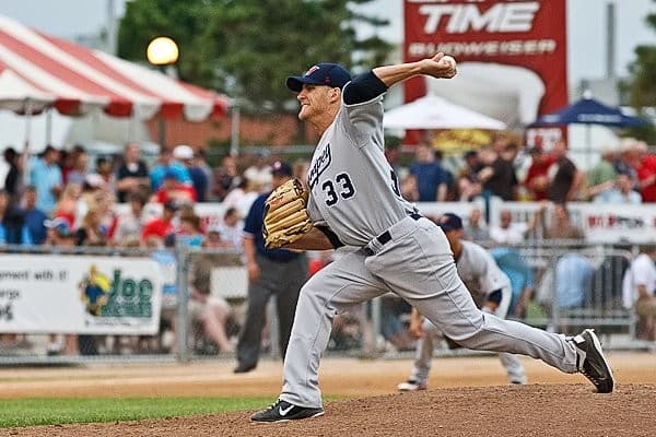 Isaac Hess pitching in number 33 during his Northern League years
