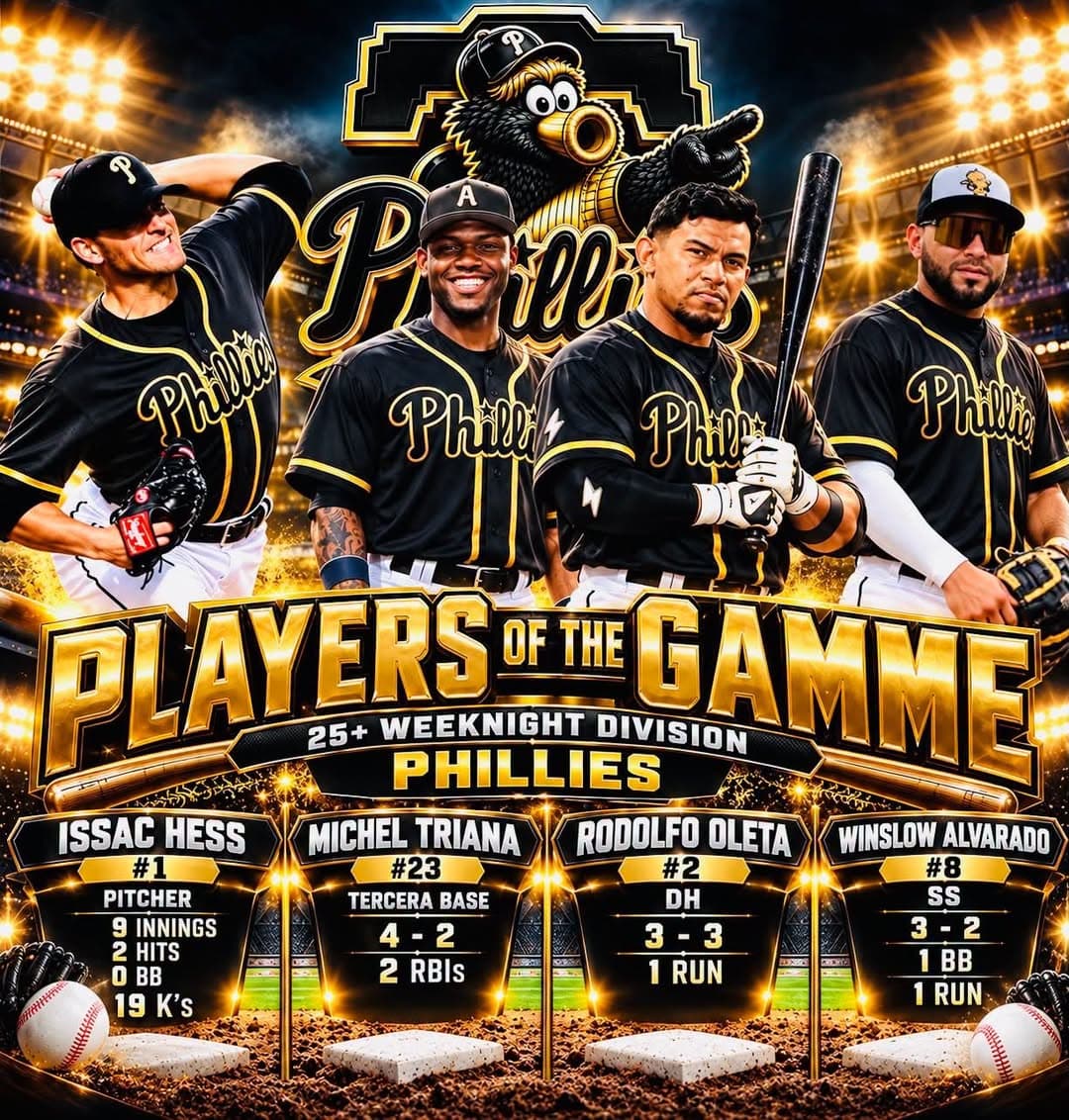 Players of the Game graphic for the Phillies in a 25+ weeknight division, listing the pitcher's line of 9 innings, 2 hits, 0 walks and 19 strikeouts